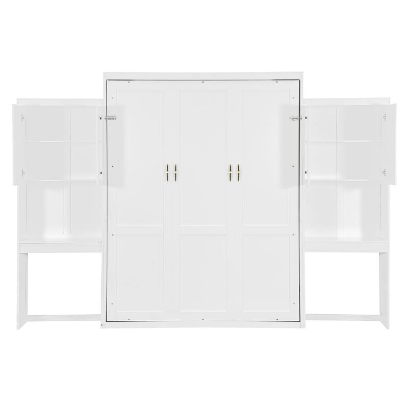 Queen Size Murphy Bed with Desk, Vanity, and Cabinets in White
