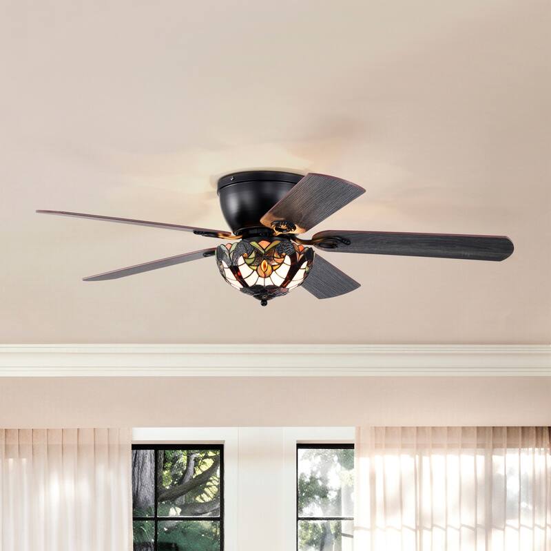Apgrie 52-Inch Flushmount Lighted Ceiling Fan Warm Tones Tiffany Glass Lamp Black Finish