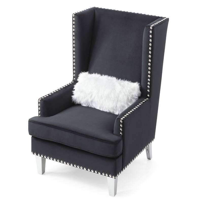 Solid High Back Velvet Accent Chair with Fur Pillow - 47" - Black