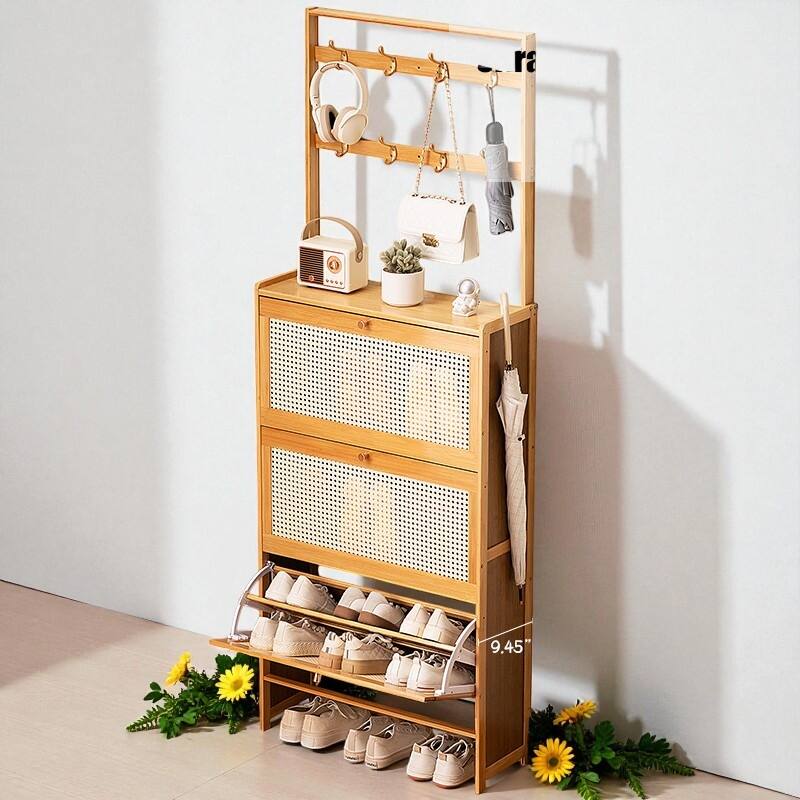 Modern Bamboo Shoe Cabinet with 3 Rattan Flip Drawers and Coat Hooks, Freestanding Shoe Storage for Entryway or Hallway