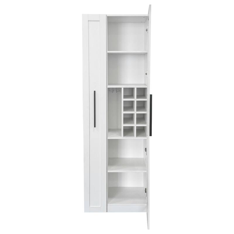 Roomfitters White Kitchen Pantry Cabinet with Glass Doors, Pull-Out Multi-Tier Shelf, and Wine Storage Rack