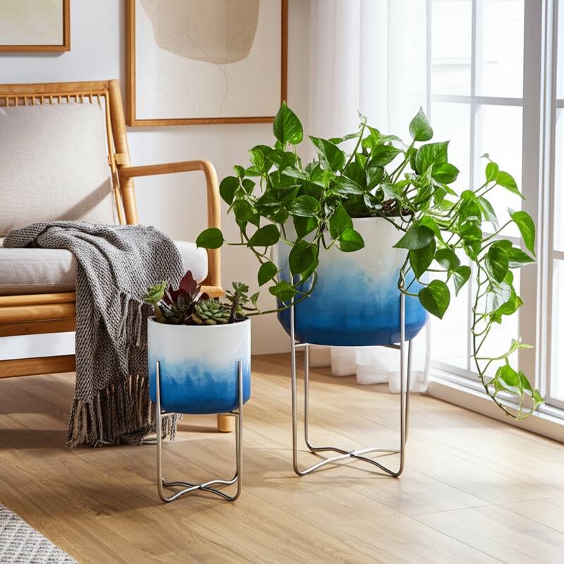 Metal Planters Sleek Modern Stands Decorative Accent Design (Set of 2) - Blue - 14" x 14" x 23"