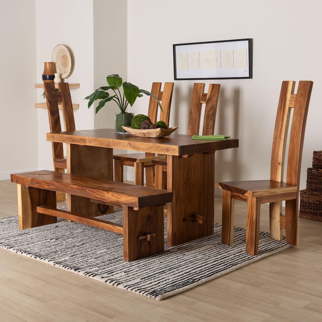 Lin Suar Wood Dining Set - Handcrafted Rectangular Solid Wood Table with Seating, Rustic Modern Kitchen or Dining Room Set