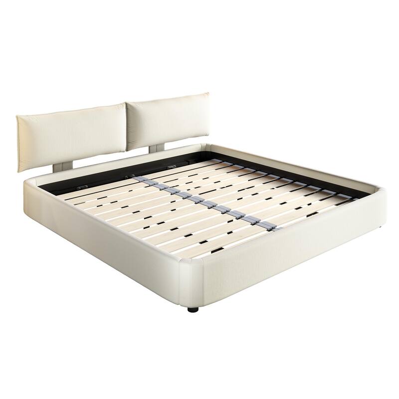 King Size Chenille Cloud Bed Frame with Round Corner Upholstered Bed No Box Spring Needed, White