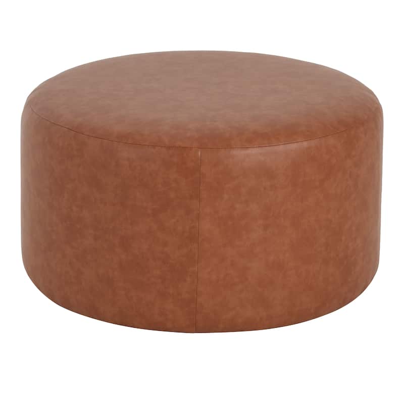 PU Leather Round Ottoman - Cognac Brown Upholstered Versatile Piece