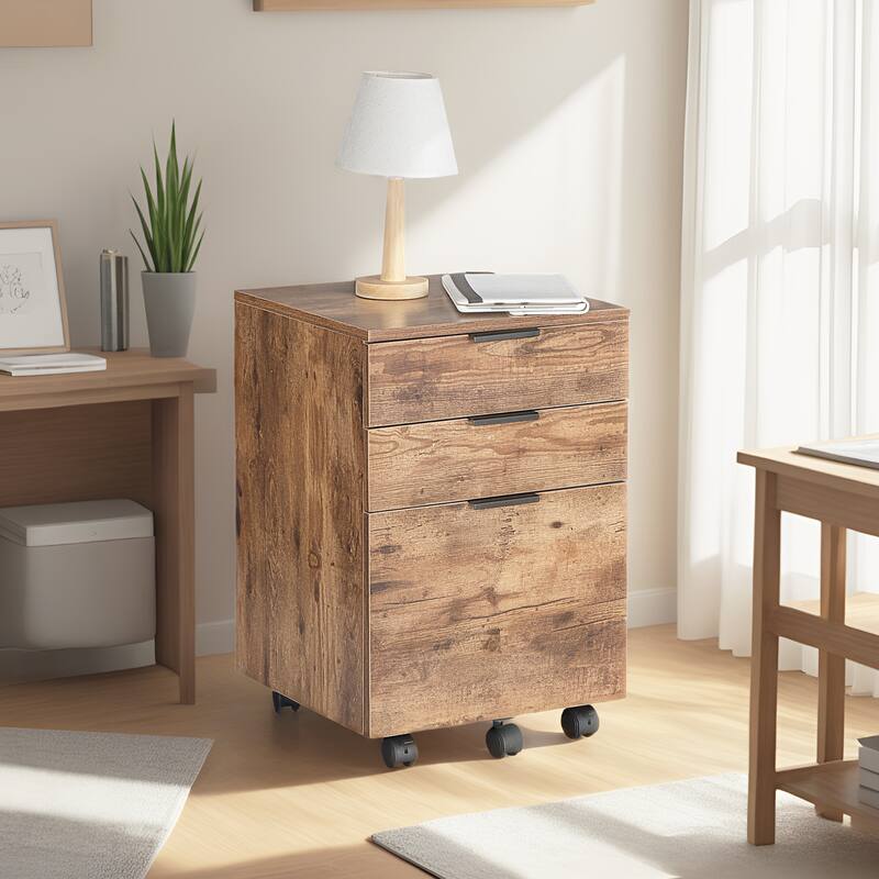 JJS 3 Drawer Rolling Wood File Cabinet with Locking Wheels for A4 or Letter Size