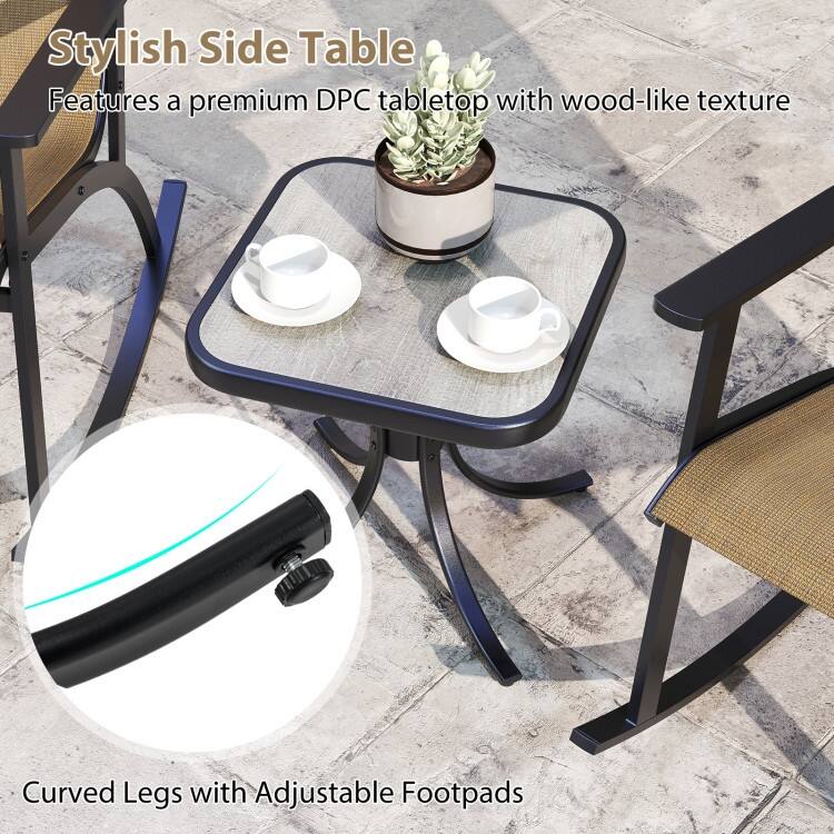 Black-Brown Metal Patio Rocking Chair Set with Side Table and Fabric - Chair: 34" x 25.5" x 41"