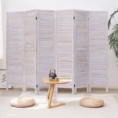 Six Panel Wooden Room Divider Screen with Louvered Slats - 96.0" x 0.8" x 67.0"(L x W x H)