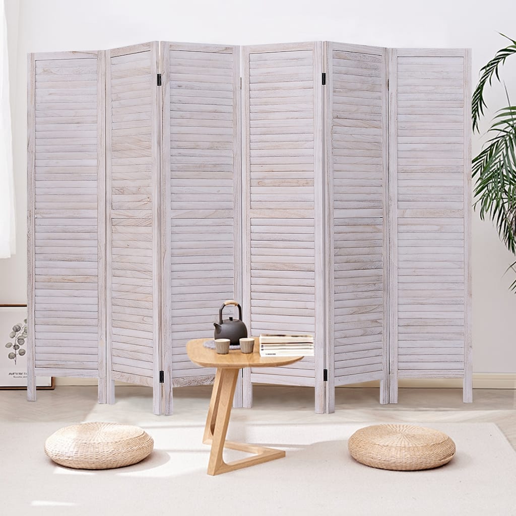 Six Panel Wooden Room Divider Screen with Louvered Slats - 96.0" x 0.8" x 67.0"(L x W x H)
