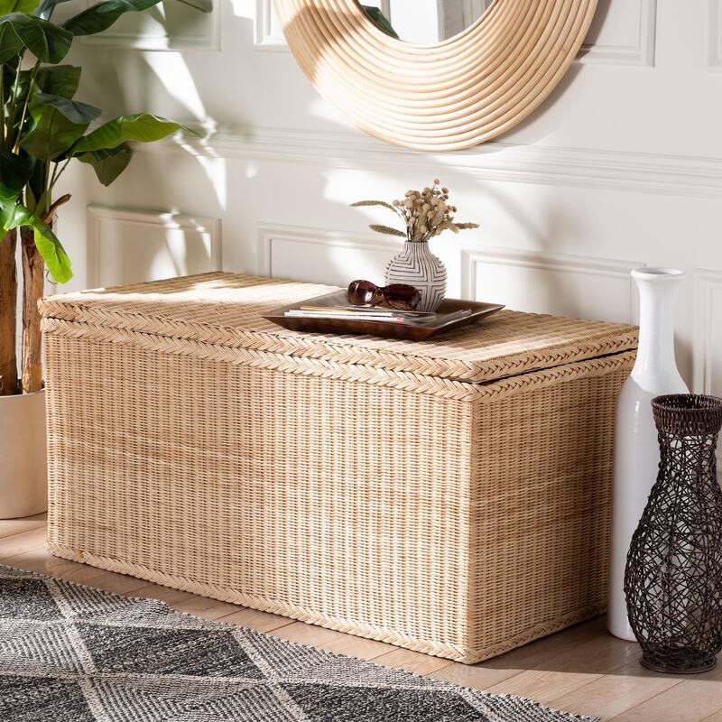 Caden Braided Natural Rattan Chest with Lift-top Lid - Coastal Boho Style Storage Bench for Bedroom, Entryway, or Living Room