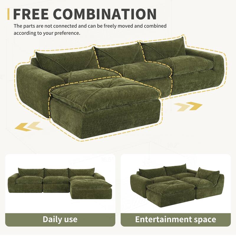 Versatile Compressed Sofa with Integrated Cushions and Movable Ottoman
