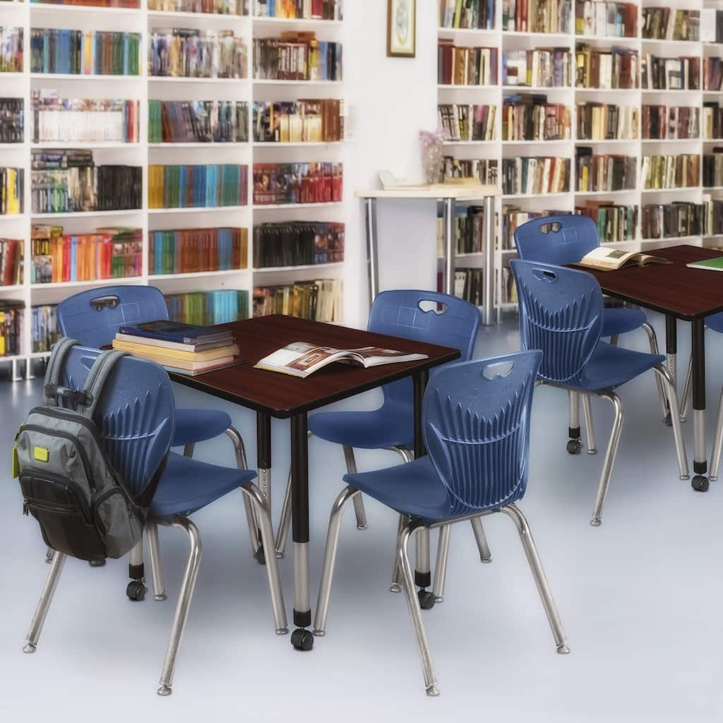 42 in. Square Height Adjustable Moblie Classroom Table - Mahogany & 4 18-in Stack Chairs- Navy Blue