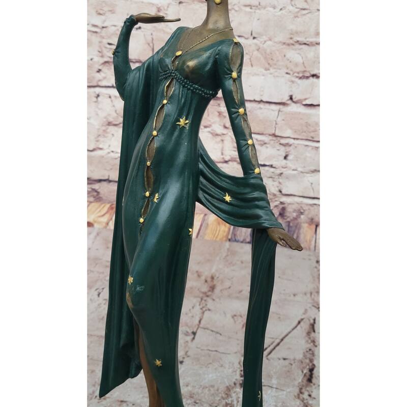 J. Erte Art Deco Bronze Lady Statue – Glamorous Figurine In Flowing Gown With Star Accents On Marble Base
