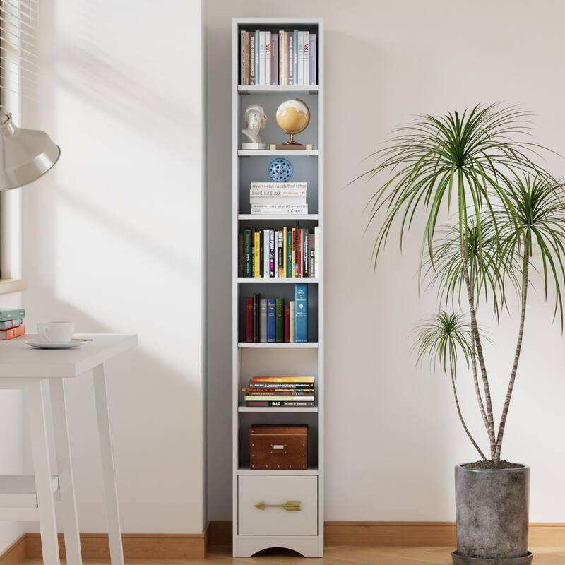 Javlergo Tall 7-Tier Adjustable Corner Bookcase with Drawer MDF Storage Shelf for Living Room Bedroom Kitchen and Entryway