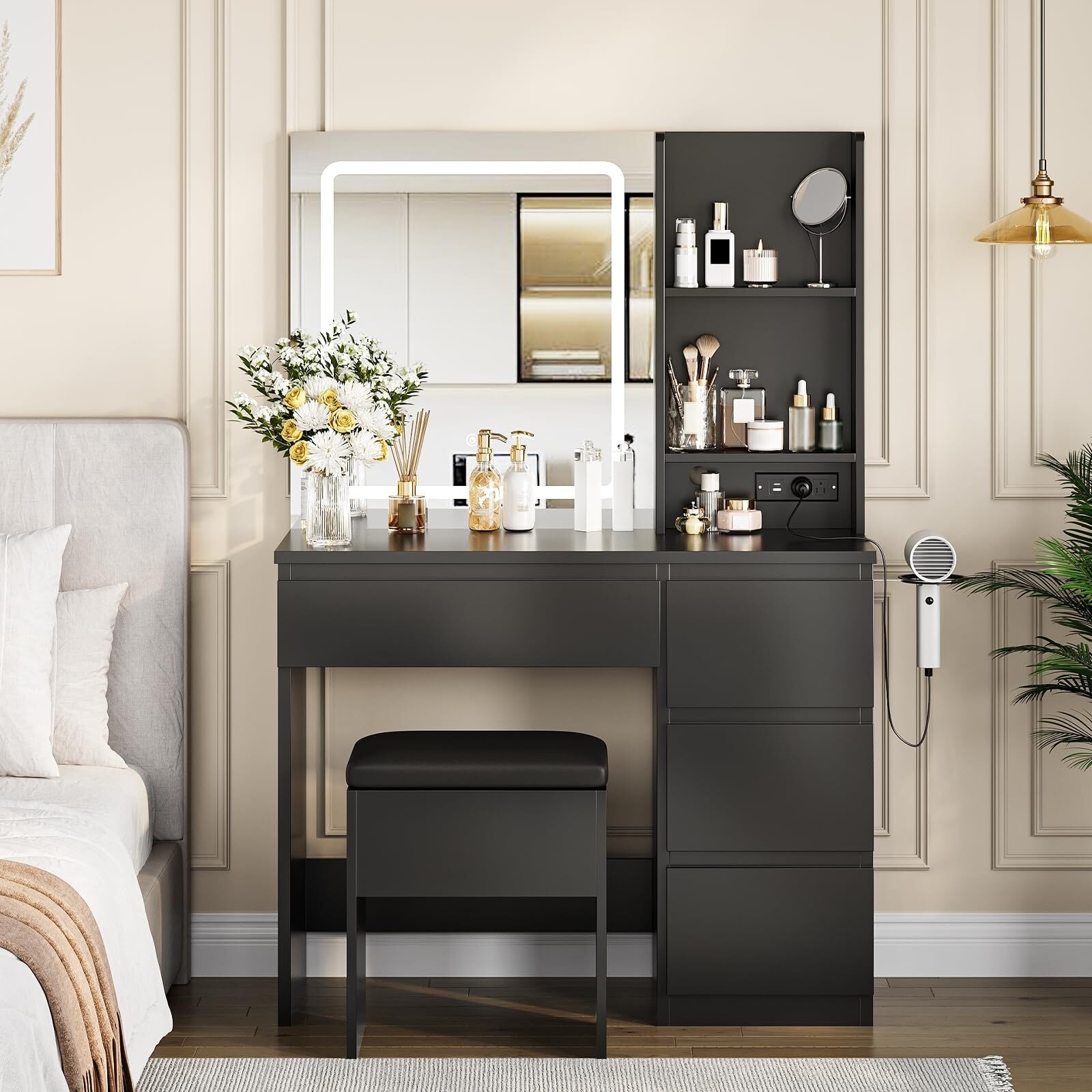 Makeup Vanity Desk with Mirror & LED Light - Vanity Set with 4 Drawers, Power Outlet, Storage Stool, Shelves & Hair Dryer Holder