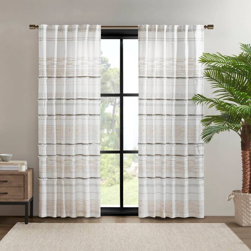 INK+IVY Nea Natural Cotton Printed Window Panel with tassel trim and Lining - White/Grey