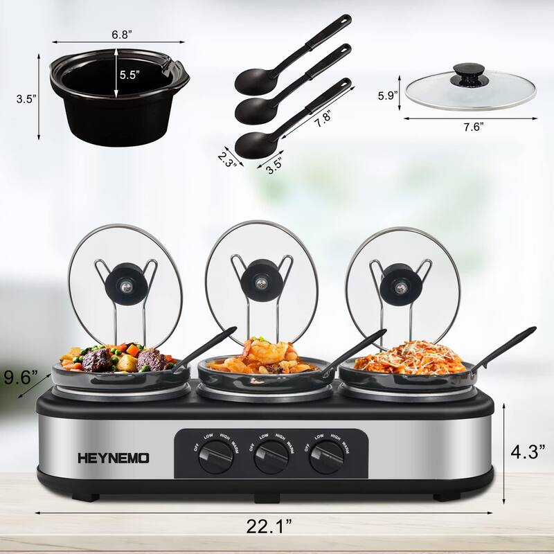 Triple Slow Cooker, 3×1.5 QT Buffet Servers and Warmers, 3 Pots Buffet Slow Cooker with