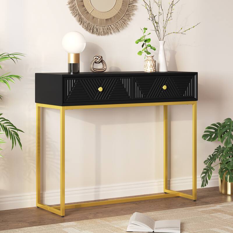 38" Modern Console Table with Two Drawers and Gold Metal Base for Entryway, Living Room - Black