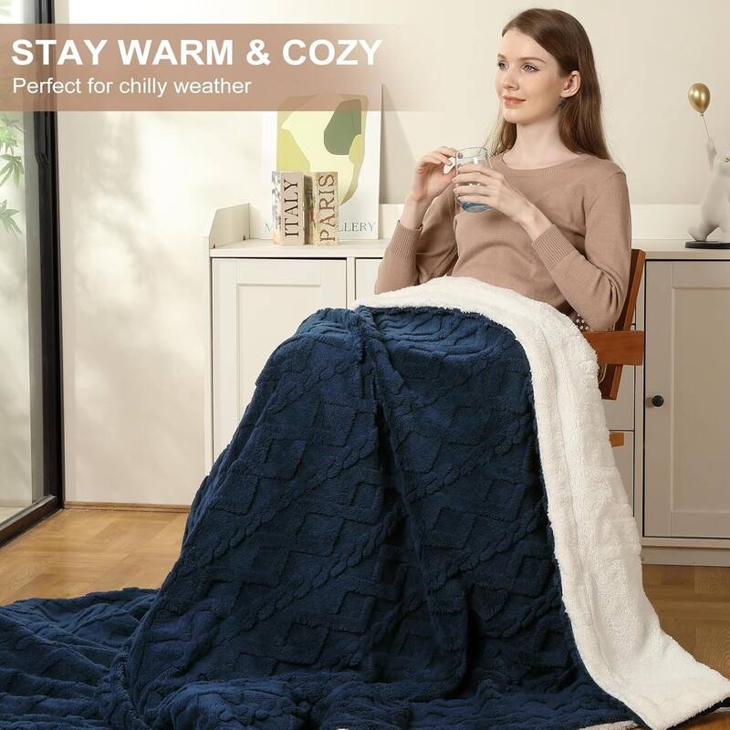 Tufted Sherpa Electric Blanket with 6 Heating Levels for Living Room, Bedroom, Blue