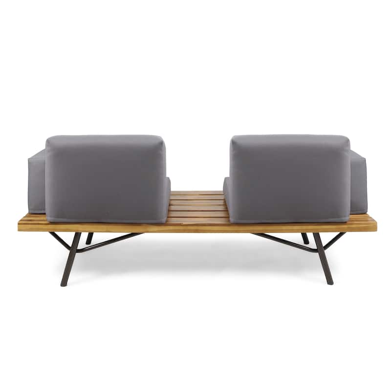73 Inch 2-Seater Sofa Acacia Wood Iron Legs Gray Water-Resistant Cushions