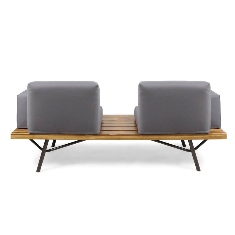 Acacia Wood Outdoor 2-Seater Sofa w/ Metal Legs, Patio Garden Loveseat