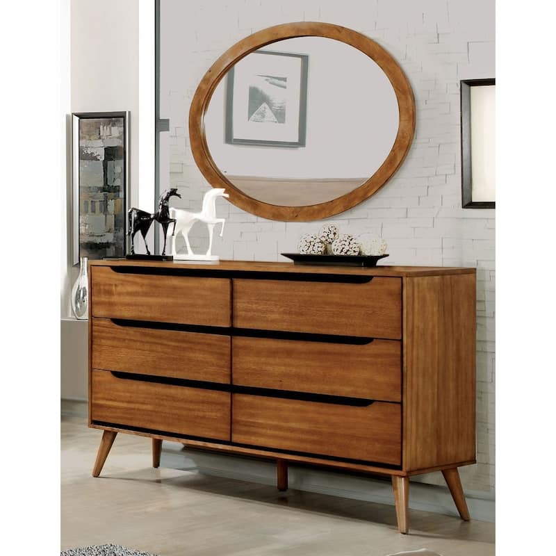 Fopp Mid-Century Modern Solid Wood 6-Drawer 2-Piece Dresser and Oval Mirror Set by Furniture of America