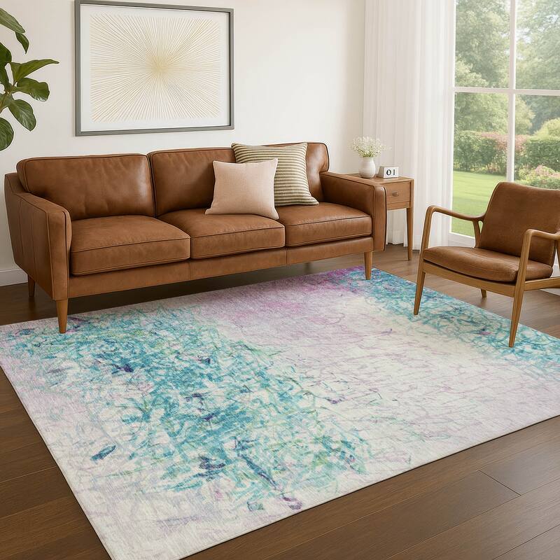 Machine Washable Indoor/ Outdoor Abstract Scribble Chantille Rug