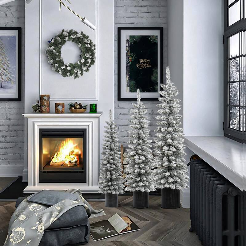 Set of 3 Snow-Flocked Christmas Trees with Metal Pots - 60" H x 15.7" Diameter