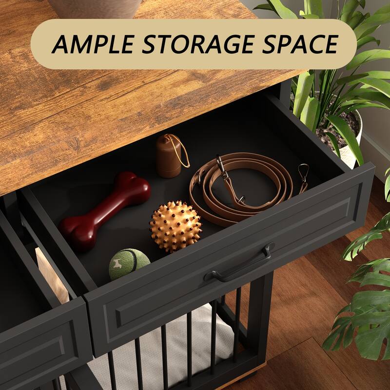 86.6"Wooden Dog Crate Kennel with 4 Drawers,Double Dog Crate Furniture