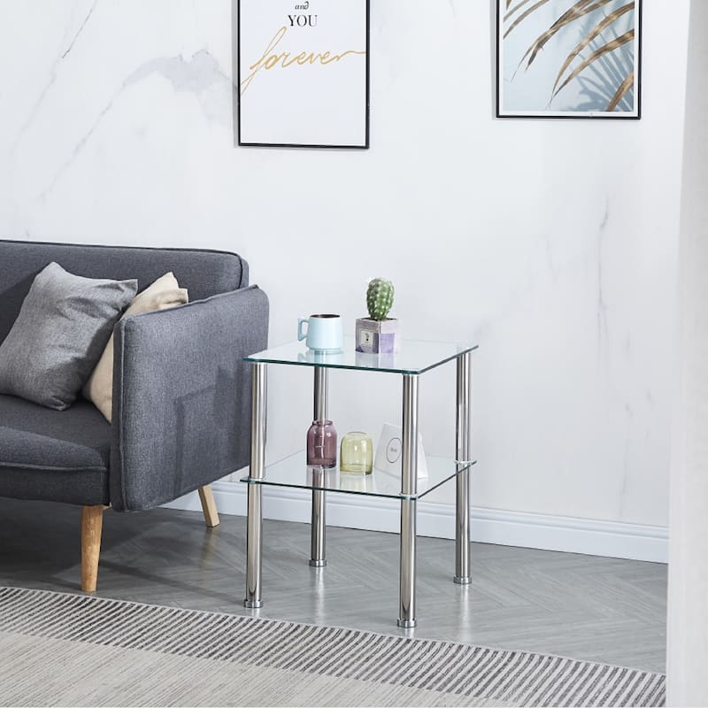 Set of 2 Tempered Glass 2-Tier Side Table with Storage Shelve
