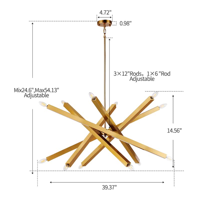 Sleek Viper Nordic Gold Sputnik 12 Light Modern Barre Chandelier