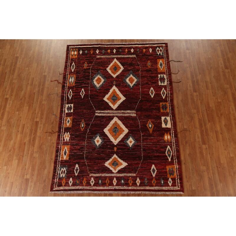 Hand Knotted Oriental 100% Wool Carpet Modern Tribal Red Moroccan Area Rug - 9' 7'' X 6' 10''
