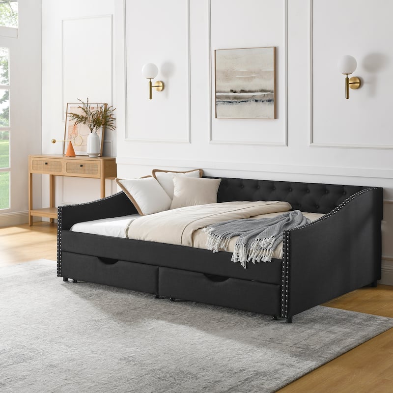 Daybed with Drawers Upholstered Tufted Sofa Bed, with Copper Nail - Black - Full