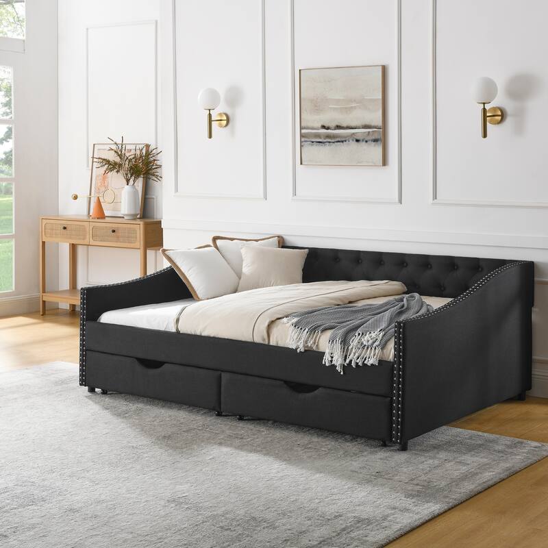 Roomfitters Twin/Full/Queen Upholstered Daybed with Tufted Backrest, Nailhead Trim and Underbed Storage Trundle