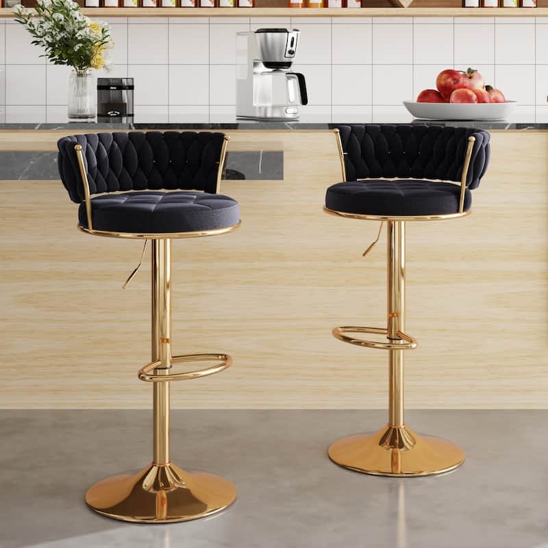 Javlergo 4 Colors Bar Stools Set of 2 Elegant Velvet Swivel Bar Stools with Adjustable Height Woven Back & Golden Base