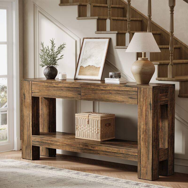63” Console Table Behind Couch with 2 Storage Drawers
