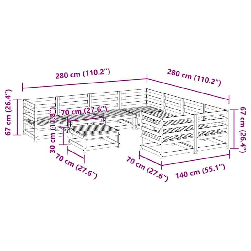 vidaXL 9 Piece Patio Sofa Set Solid Wood Pine - 27.6 x 27.6 x 26.4