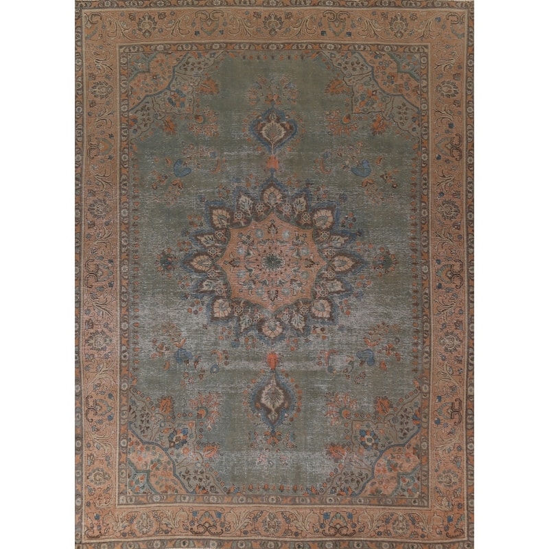 Green Tabriz Persian Vintage Area Rug Hand-Knotted Wool Carpet - 9'6"x 12'7"