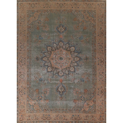 Green Tabriz Persian Vintage Area Rug Hand-Knotted Wool Carpet - 9'6"x 12'7"