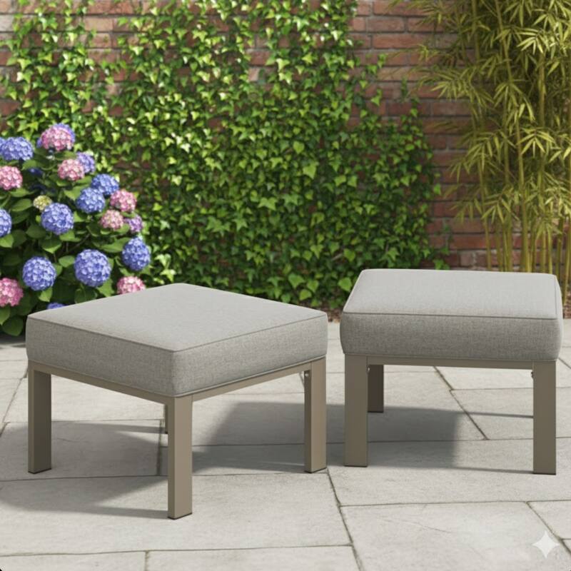 Set of 2, 22" Metal Patio Ottomans Beige Cushions & Khaki Frame