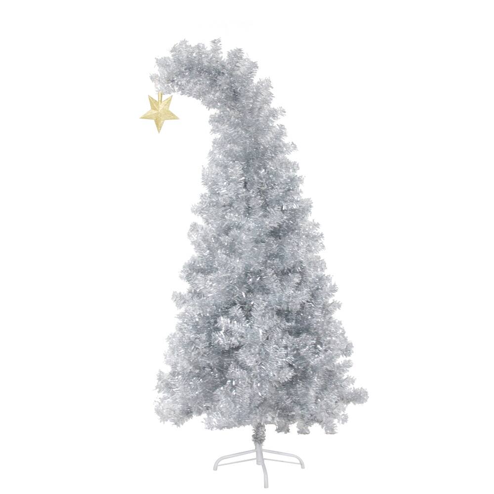 6ft White Christmas Tree with 300 Colorful LED Lights, Bent Top With Gold Star