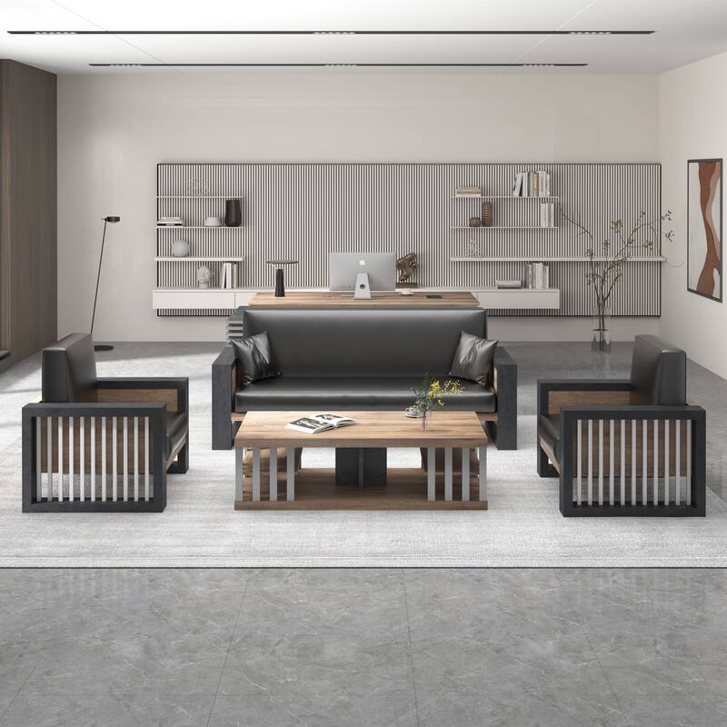 WESOME 3 Piece FU Leather Sofa Set with Coffee Table - 3-Set Sofa & 2 Single Sofa