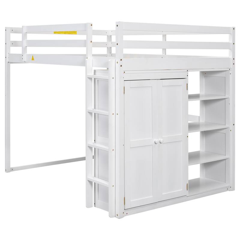 Full Size Loft Bed with Wardrobe, Storage Shelves, and LED Light in White