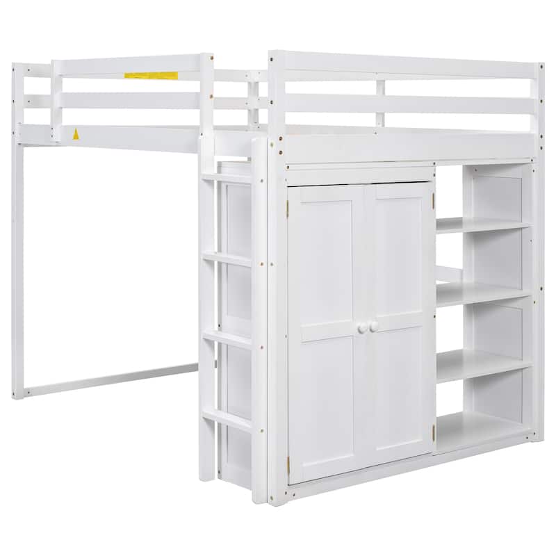 Full Size Wood Loft Bed with Built-in Wardrobe and Storage Shelves, Led light, White