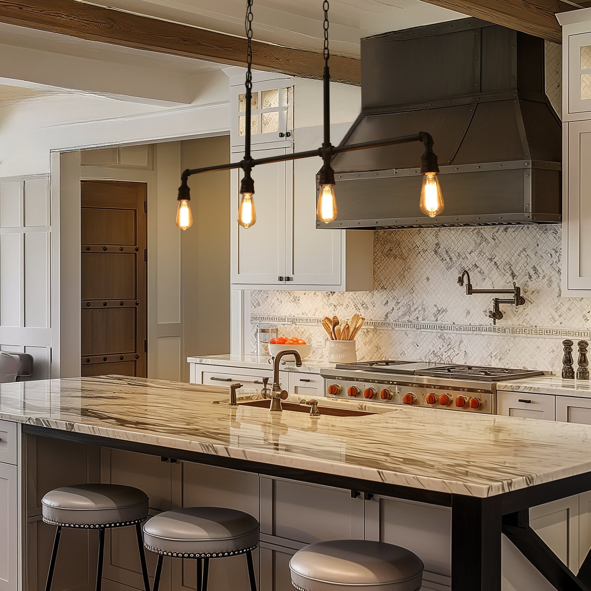 LALUZ Industrial Textured Black 4-Light Chandelier Linear Pipe Frame Kitchen Island Lighting - L44" x W2" x H16.5"
