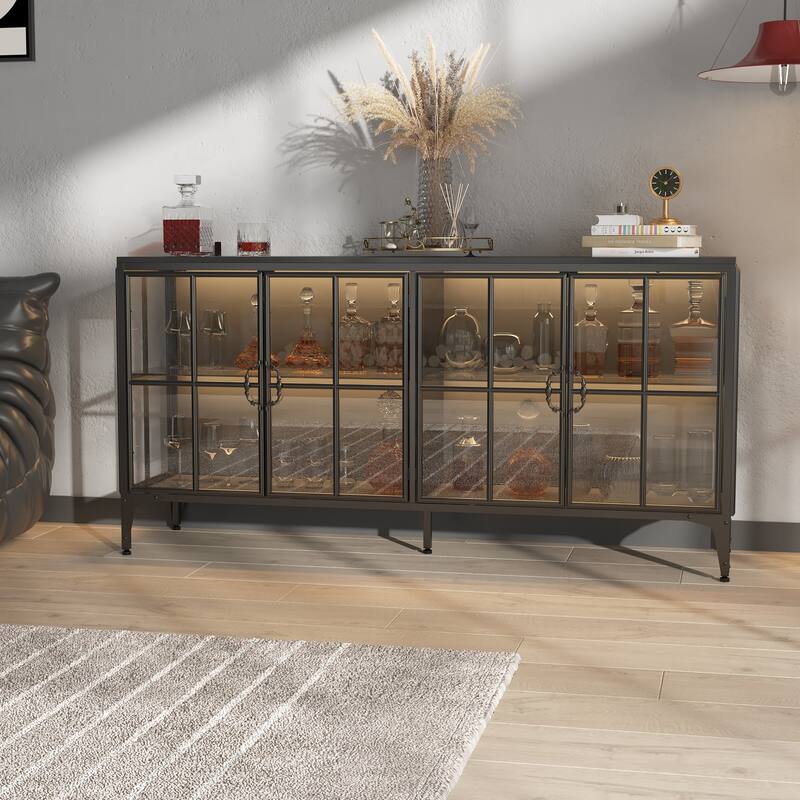 63" Black Glass Door Sideboard Cabinet with LED Lights, Metal Frame Storage Buffet Cabinet Wine Cabinet