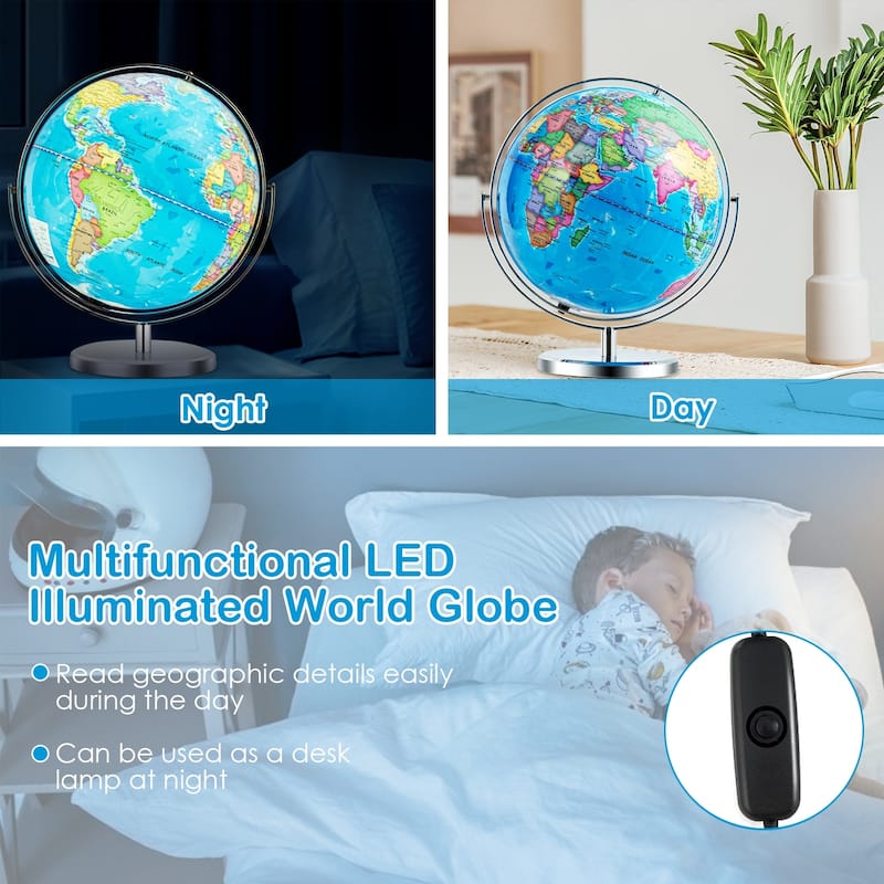 13 Inch LED Lighted World Globe 720 degree Rotation for Kids and Decor - 8" x 13" x 16"