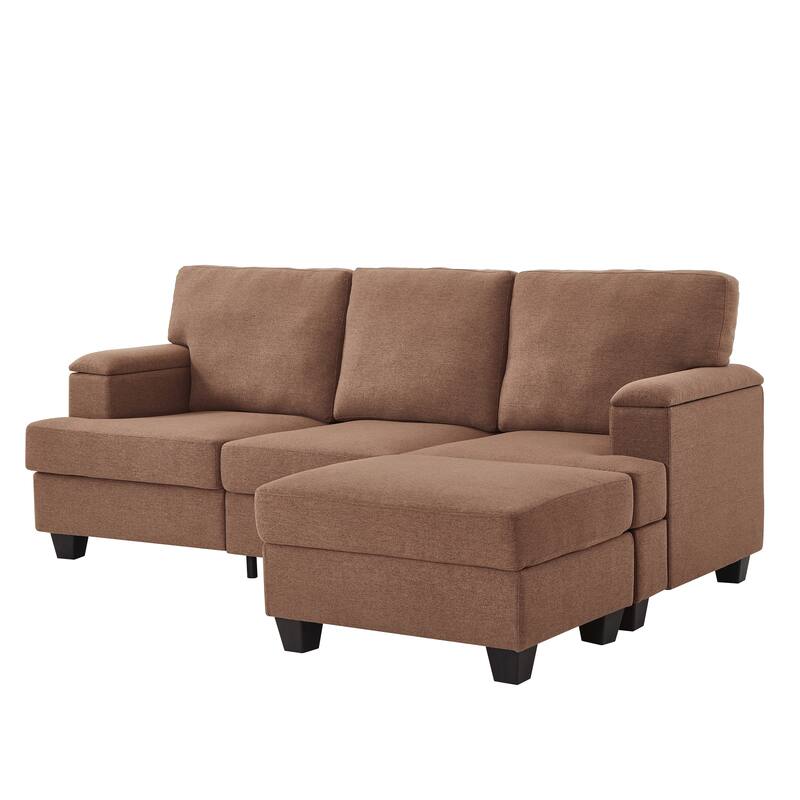 L Shaped 3 Seats Sofa with Armrest Organizer, Linen Sectional Sofa with Movable Ottoman, Comfy Upholstered 3 Seater Couch,
