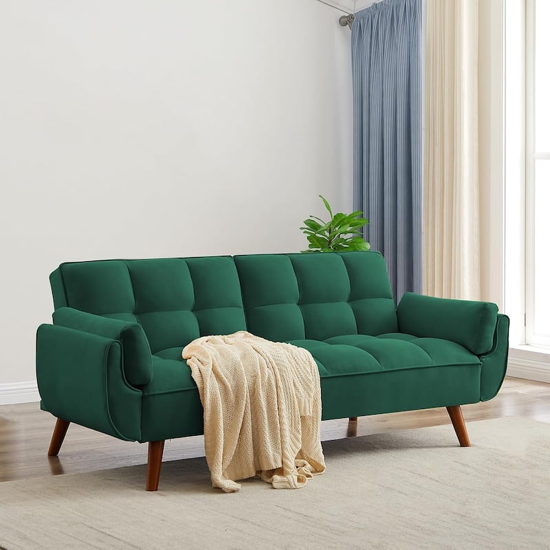 75.39 IN. Futon Sofa Bed, Convertible Upholstered Couch Sleeper with Reclining Sleeper Split Tufted Back - Green