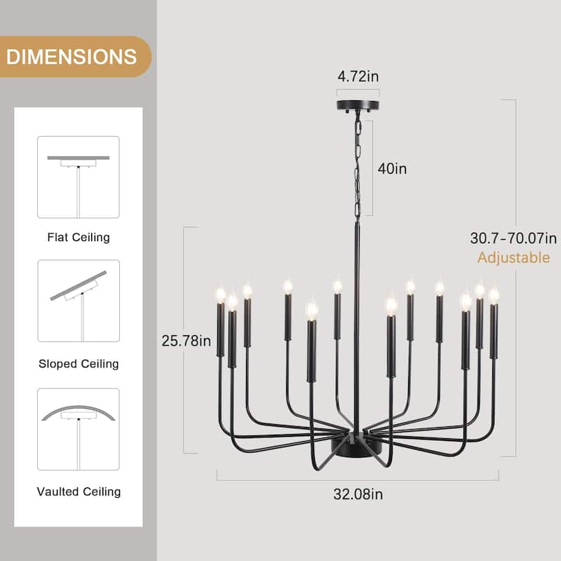 12-Light Rustic Candle Chandelier for Dining Room Living Room - W32.08" x H70.07" - N/A